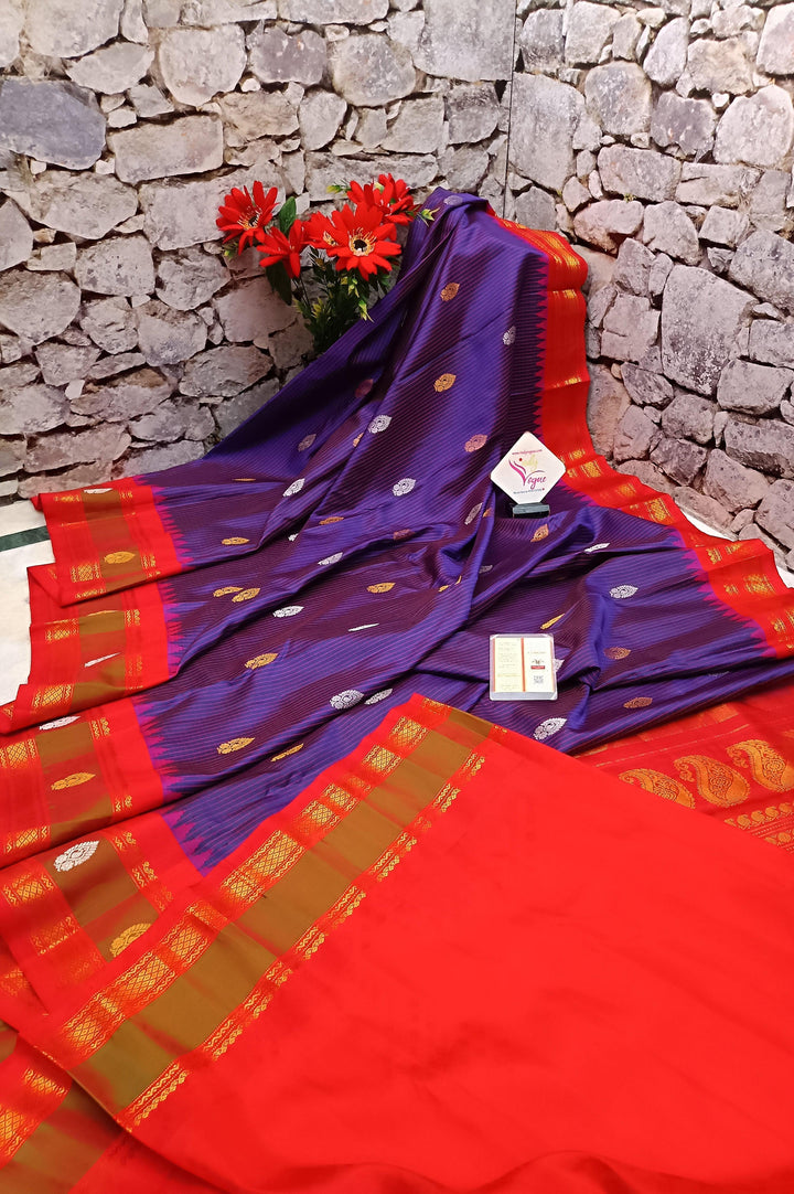 Purplish Blue Color Pure Gadwal Silk Saree with Small Graph Checks and Paisley Buti