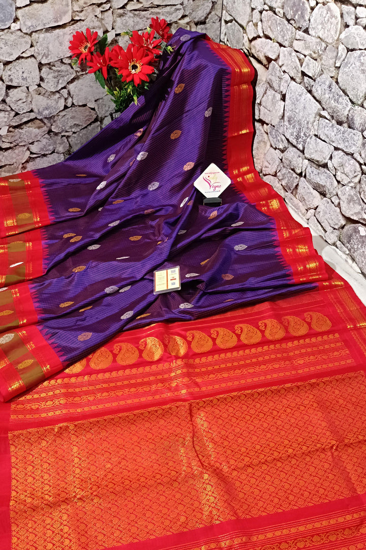 Purplish Blue Color Pure Gadwal Silk Saree with Small Graph Checks and Paisley Buti