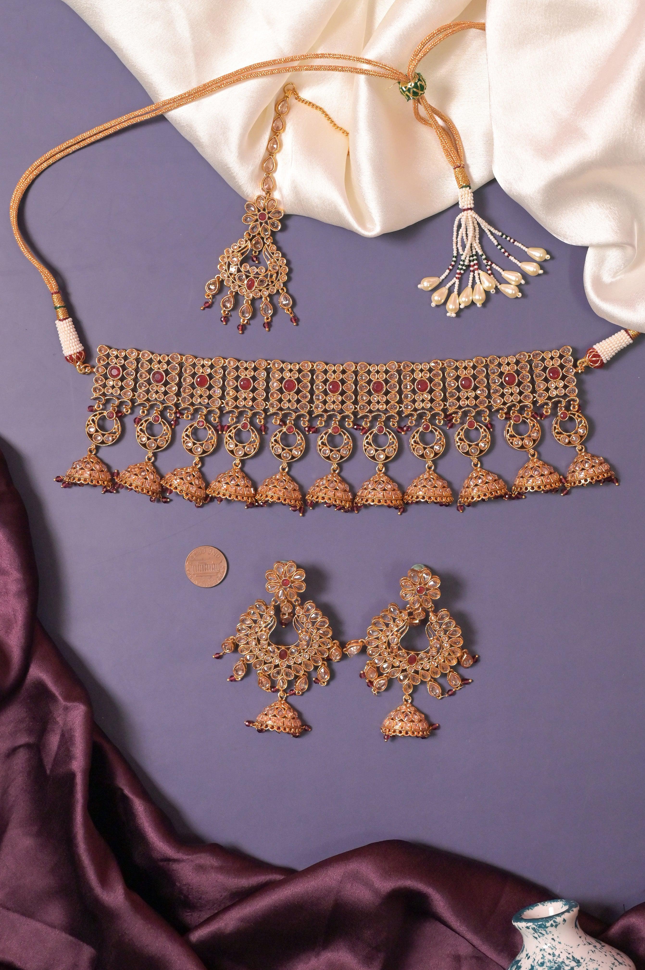 Indian Pakistani Women Oxidized Kundan Beaded Choker Meena Necklace Earring  Set