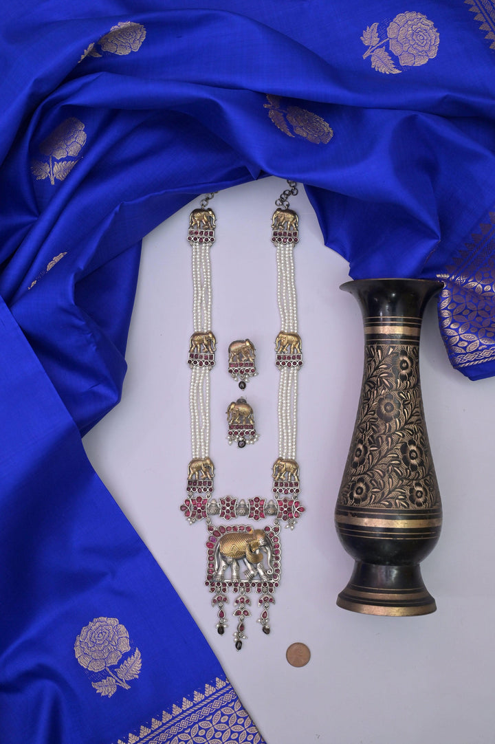 Rajasthani Style Silver and Golden Sitahar Style Long Necklace Set with Monalisa Stonework