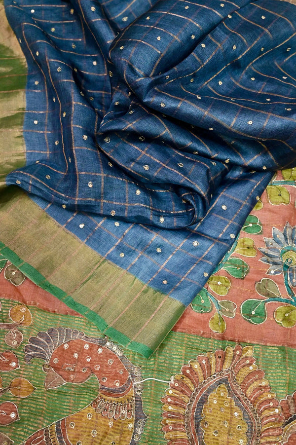 Ram Blue Color Tussar Silk Saree with Allover Pitai Zari Embroidery and Hand Painted Kalamkari