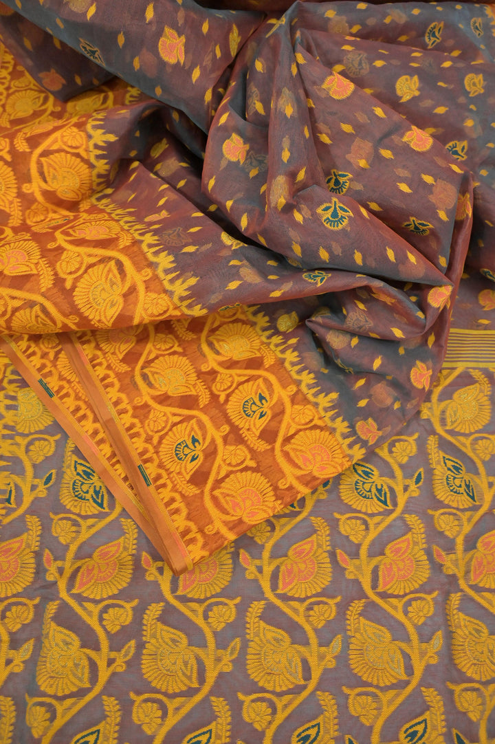 Rama Green and Orange Dual Tone Color Jamdani Saree