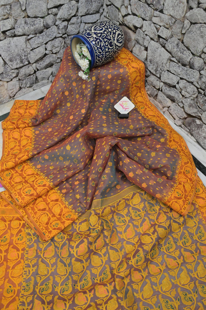Rama Green and Orange Dual Tone Color Jamdani Saree