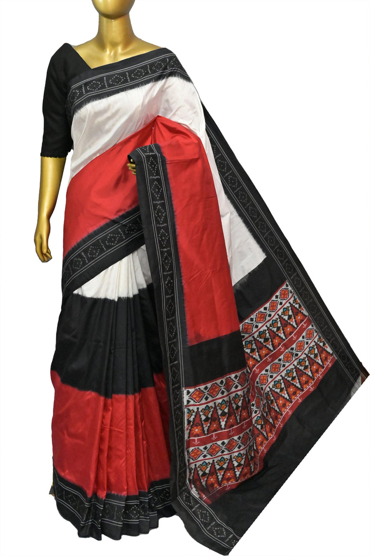 Red and Black Color Ikat Patola with Ikat Weaving on the Border and Pallu