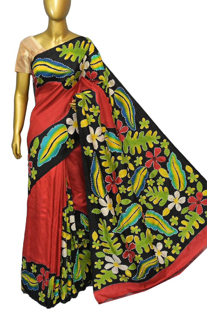 Red and Black Color Pure Bishnupur Silk Saree with Hand Paint and Knot Stitch