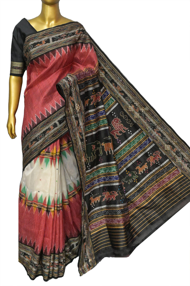 Red and Black Color Sambapuri Silk Saree with Checks and Temple Border