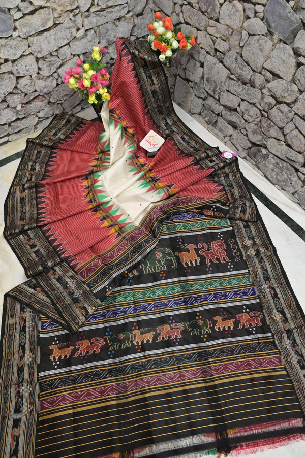 Red and Black Color Sambapuri Silk Saree with Checks and Temple Border