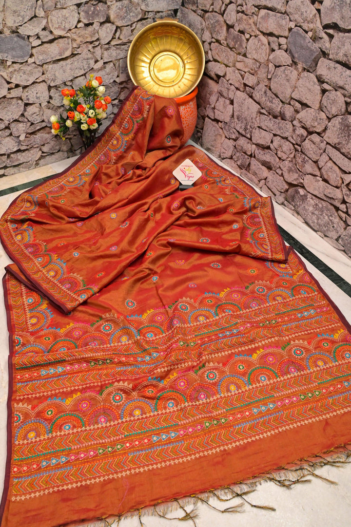 Red and Golden Color Cotton Tissue Saree with Lambani Embroidery