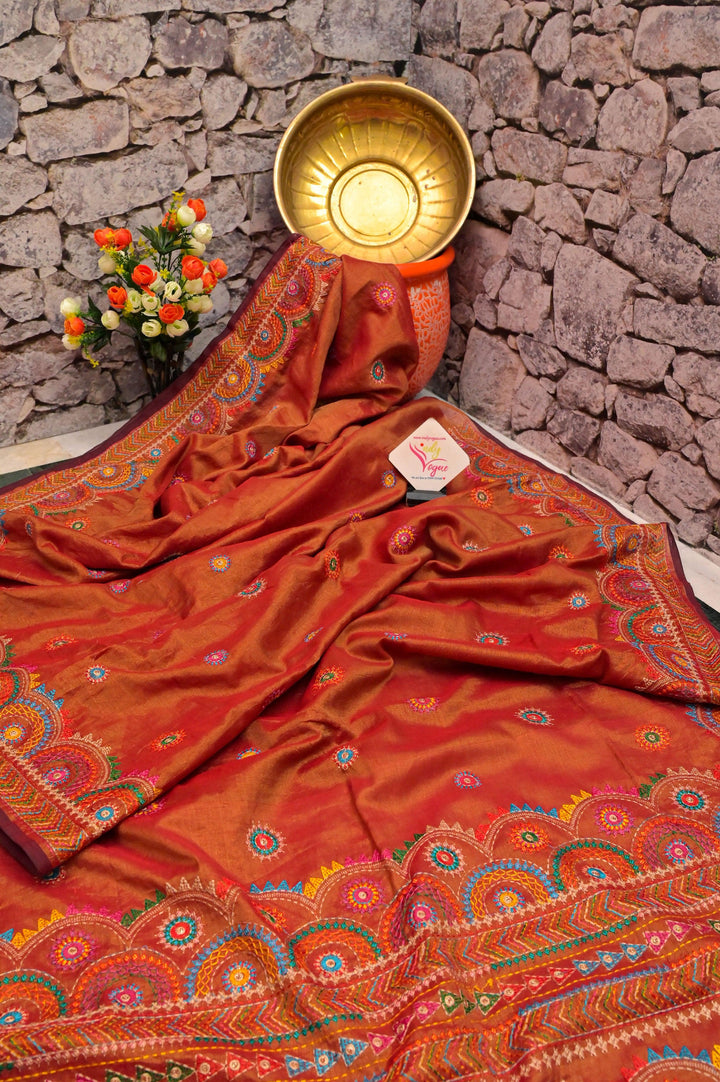 Red and Golden Color Cotton Tissue Saree with Lambani Embroidery