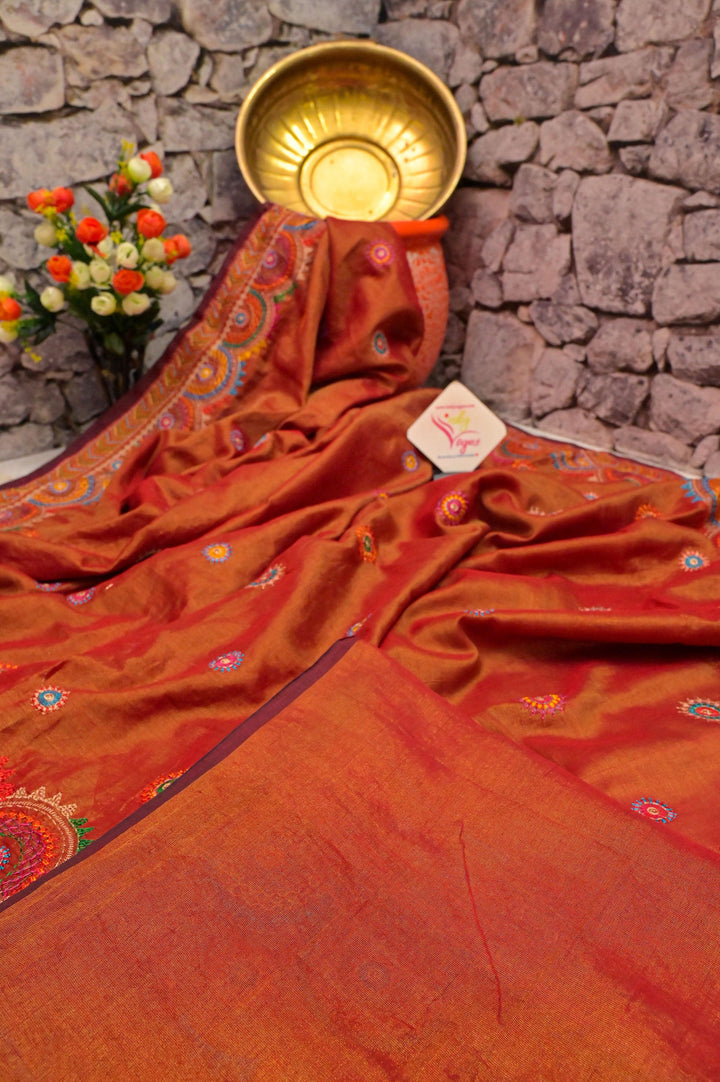 Red and Golden Color Cotton Tissue Saree with Lambani Embroidery