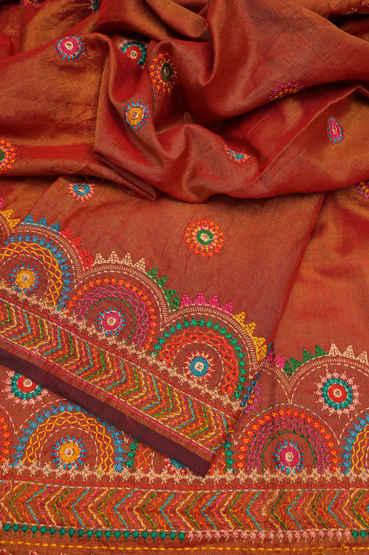 Red and Golden Color Cotton Tissue Saree with Lambani Embroidery