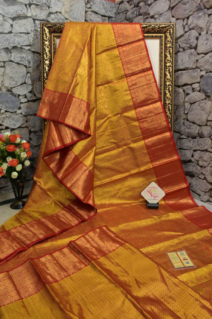Red and Golden Color Pure Brocade Kanjeevaram Silk Saree with Pure Gold Zari Work