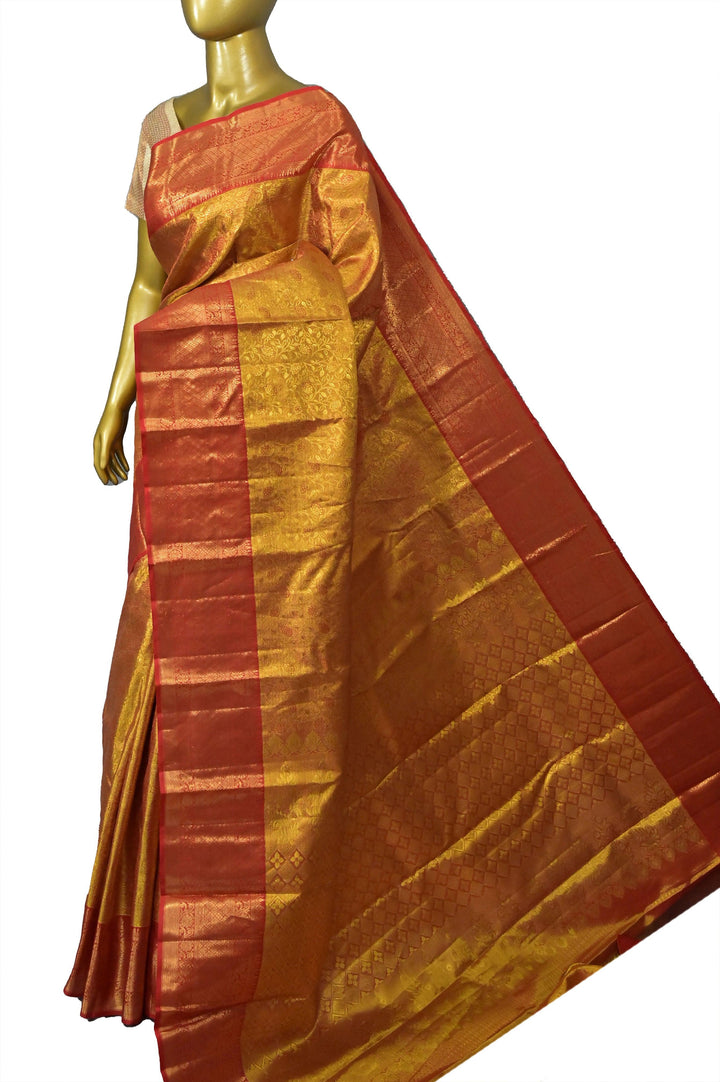 Red and Golden Color Pure Brocade Kanjeevaram Silk Saree with Pure Gold Zari Work