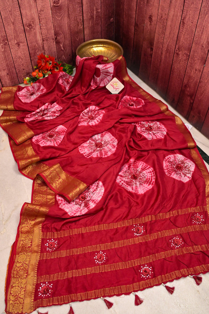 Red and Magenta Color Chinon Silk Banarasi Saree with Shibori Dye and Hand Mirror Work