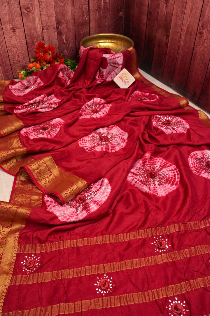 Red and Magenta Color Chinon Silk Banarasi Saree with Shibori Dye and Hand Mirror Work