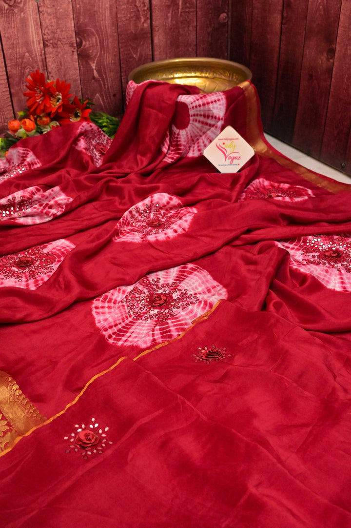 Red and Magenta Color Chinon Silk Banarasi Saree with Shibori Dye and Hand Mirror Work