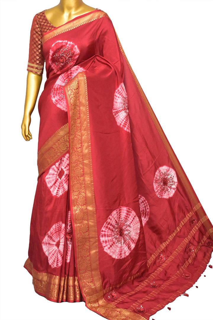 Red and Magenta Color Chinon Silk Banarasi Saree with Shibori Dye and Hand Mirror Work