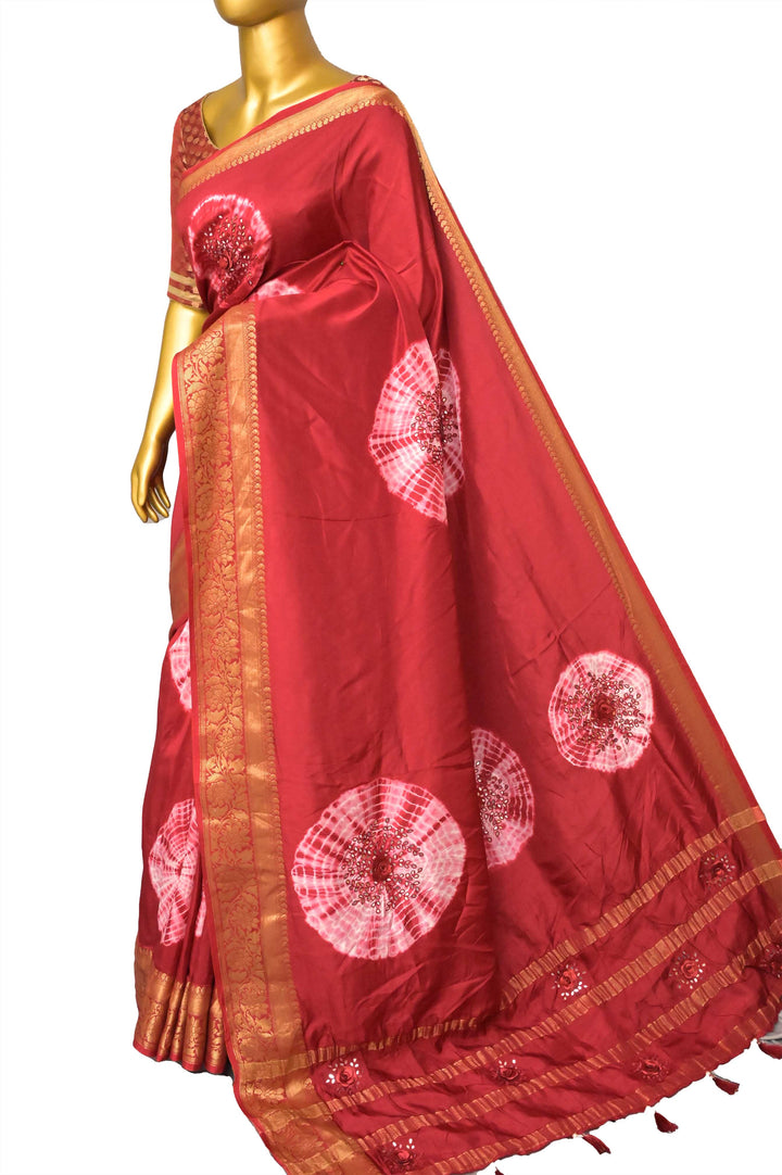 Red and Magenta Color Chinon Silk Banarasi Saree with Shibori Dye and Hand Mirror Work