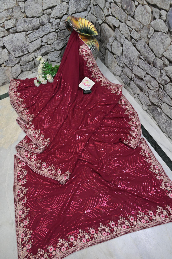 Red and Magenta Color Designer Georgette Saree with Sequin Weaving and Embroidery Work