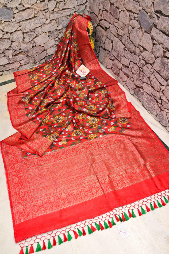 Red and Multicolor Tussar Banarasi Saree with Kalamkari Work