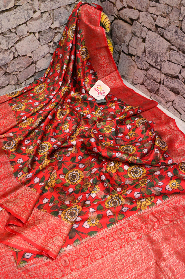 Red and Multicolor Tussar Banarasi Saree with Kalamkari Work