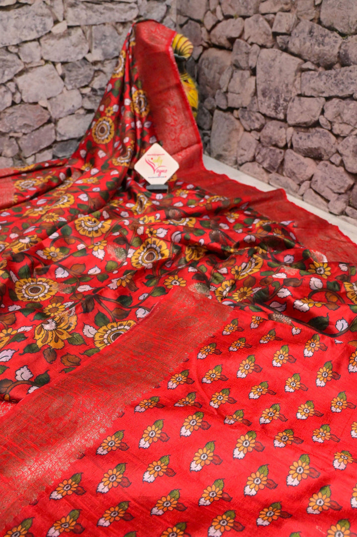 Red and Multicolor Tussar Banarasi Saree with Kalamkari Work