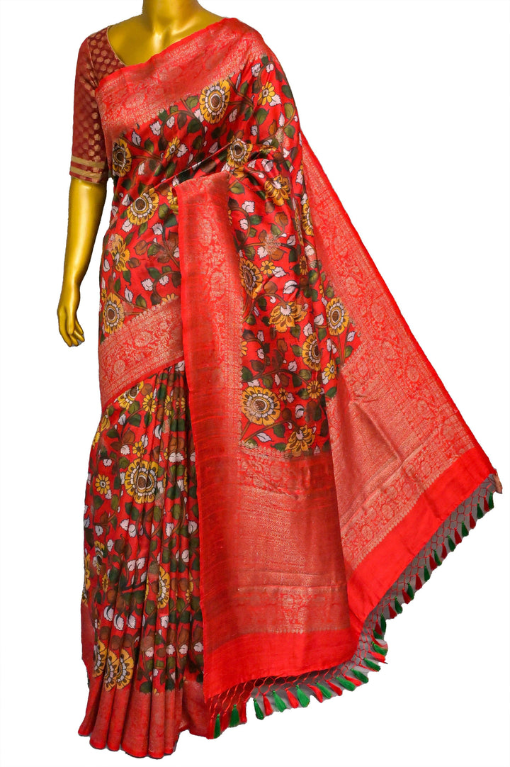 Red and Multicolor Tussar Banarasi Saree with Kalamkari Work