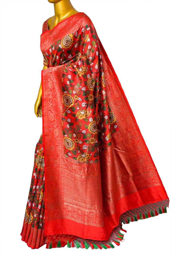 Red and Multicolor Tussar Banarasi Saree with Kalamkari Work