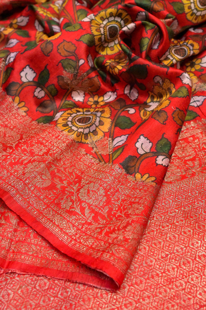 Red and Multicolor Tussar Banarasi Saree with Kalamkari Work