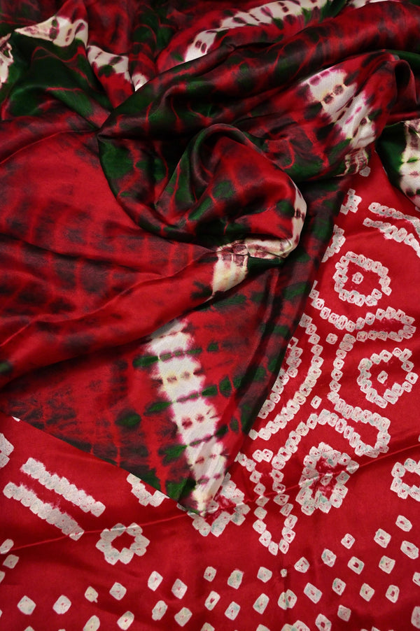 Red and Multicolored Modal Silk Saree with Shibori Dye Wotk with Bandhani and Zari Pallu