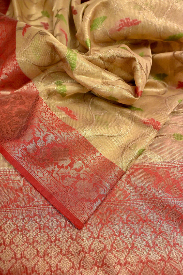 Red and Offwhite Color Tissue Kota Banarasi with Jaal and Meenakari Work