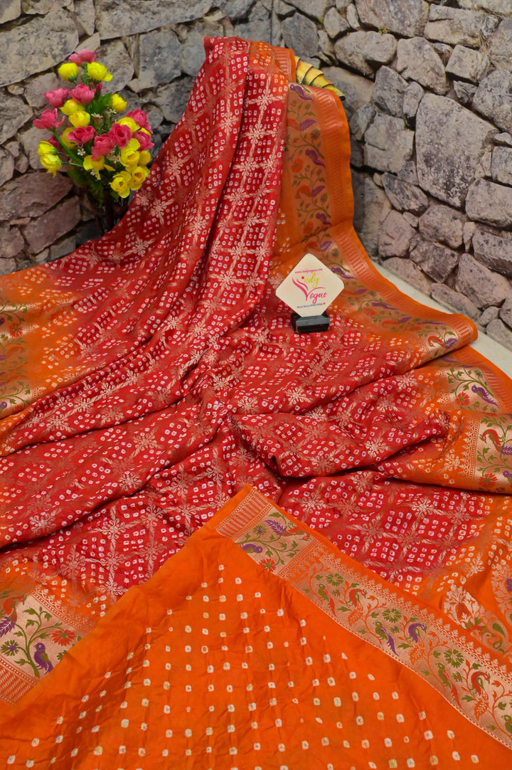 Red and Orange Color Dupion Banarasi Saree with Hand Bandhani and Paithani Design