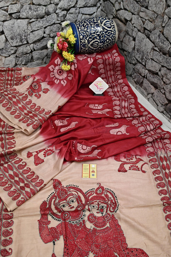 Red and Tussar Color Pure Gachi Tussar with Brush Paint and Kantha Stitch Work and Radha Krishna Aanchal