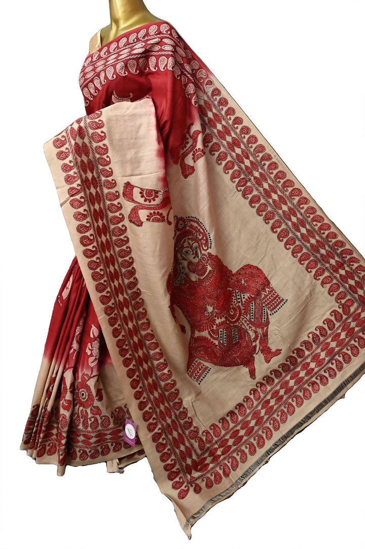 Red and Tussar Color Pure Gachi Tussar with Brush Paint and Kantha Stitch Work and Radha Krishna Aanchal