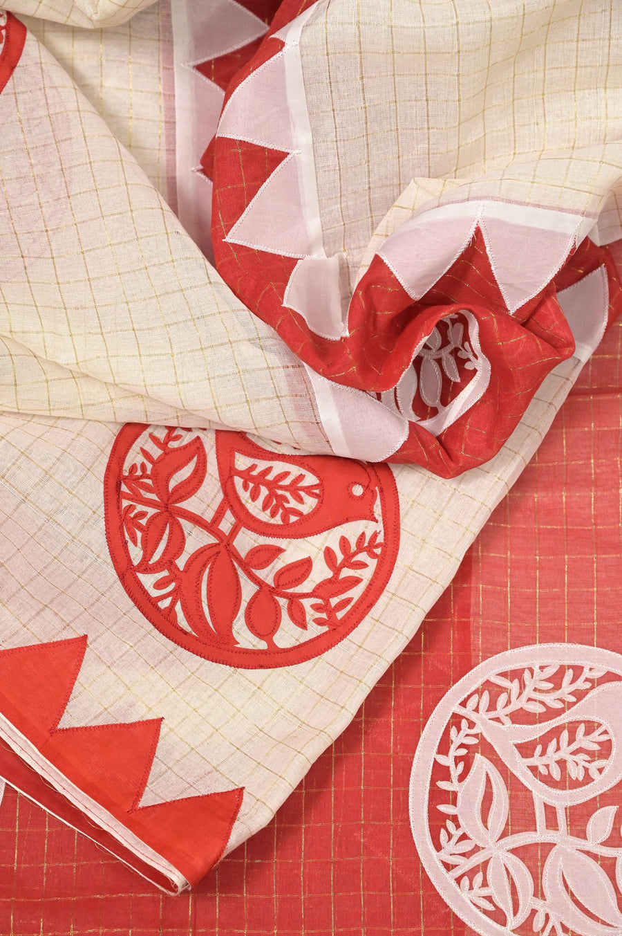 Red and White Color Bengal Cotton Saree with Zari Checks and Applique Work