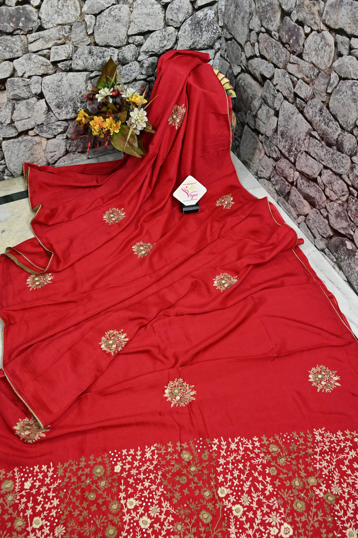 Red Color Chanderi Saree with Hand French Knot and Bullion Embroidery Work