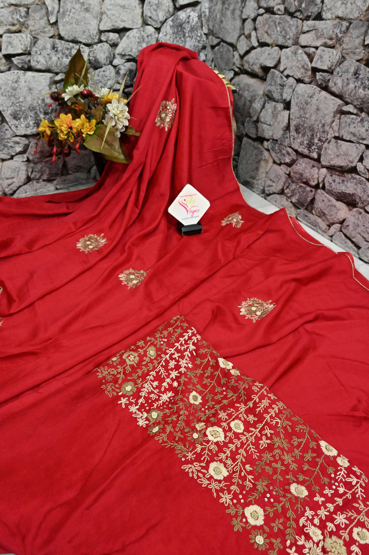 Red Color Chanderi Saree with Hand French Knot and Bullion Embroidery Work