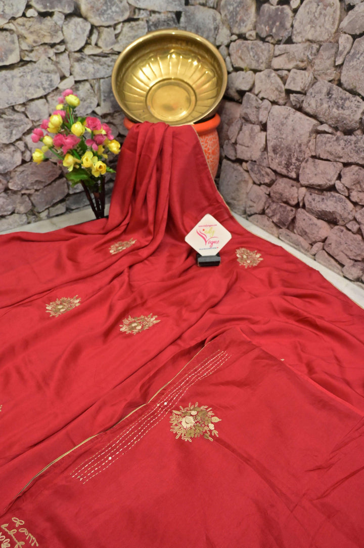 Red Color Chanderi Saree with Hand French Knot and Bullion Embroidery Work