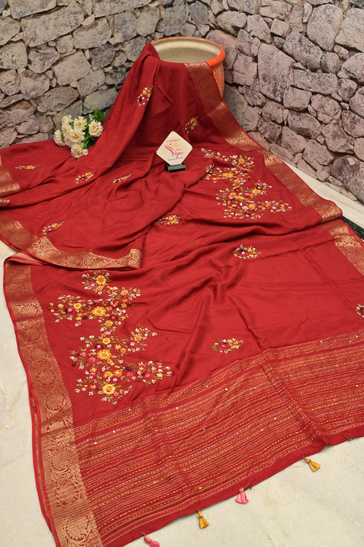 Red Color Chinon Banarasi Silk Saree with Hand Kantha & Bullion Embroidery with Sequin Work