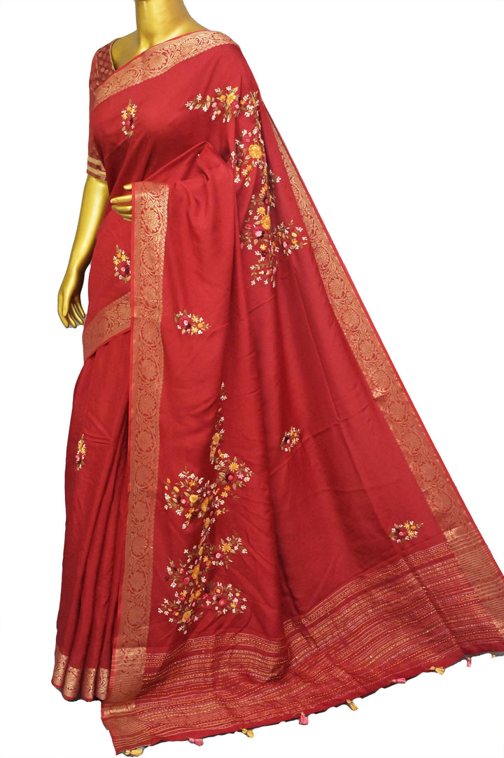 Red Color Chinon Banarasi Silk Saree with Hand Kantha & Bullion Embroidery with Sequin Work
