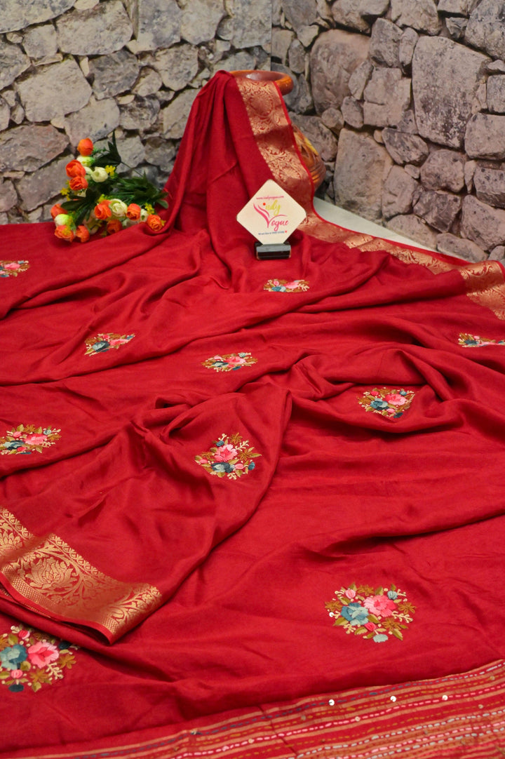 Red Color Chinon Silk Banarasi with Hand Bullion Embroidery and Sequins