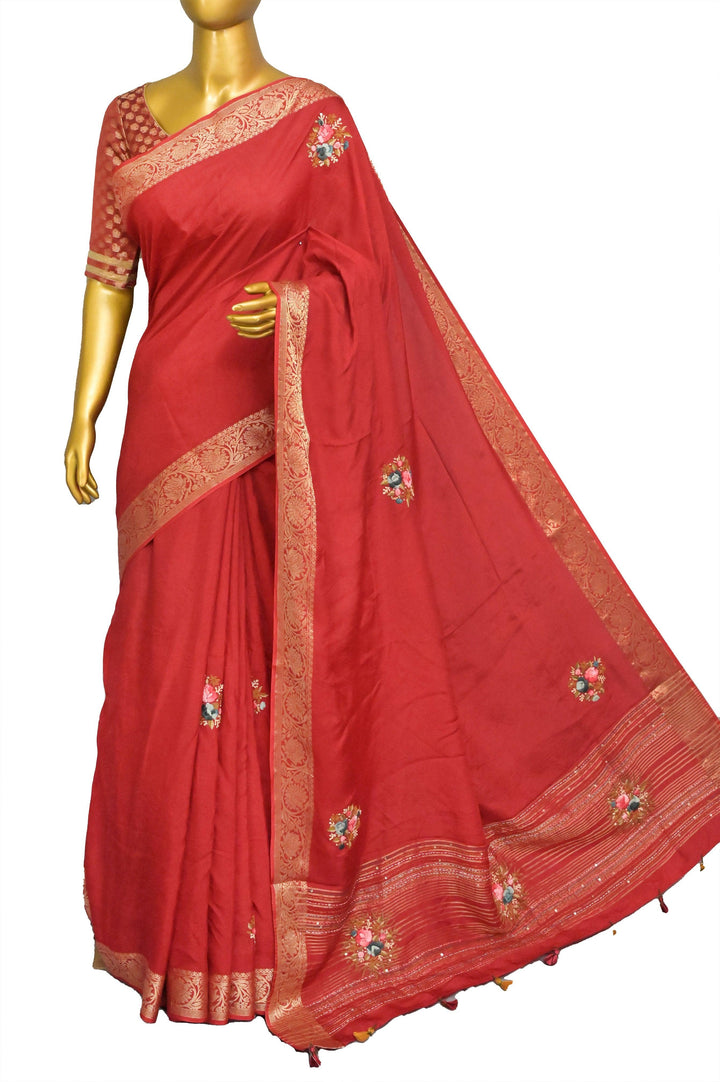 Red Color Chinon Silk Banarasi with Hand Bullion Embroidery and Sequins