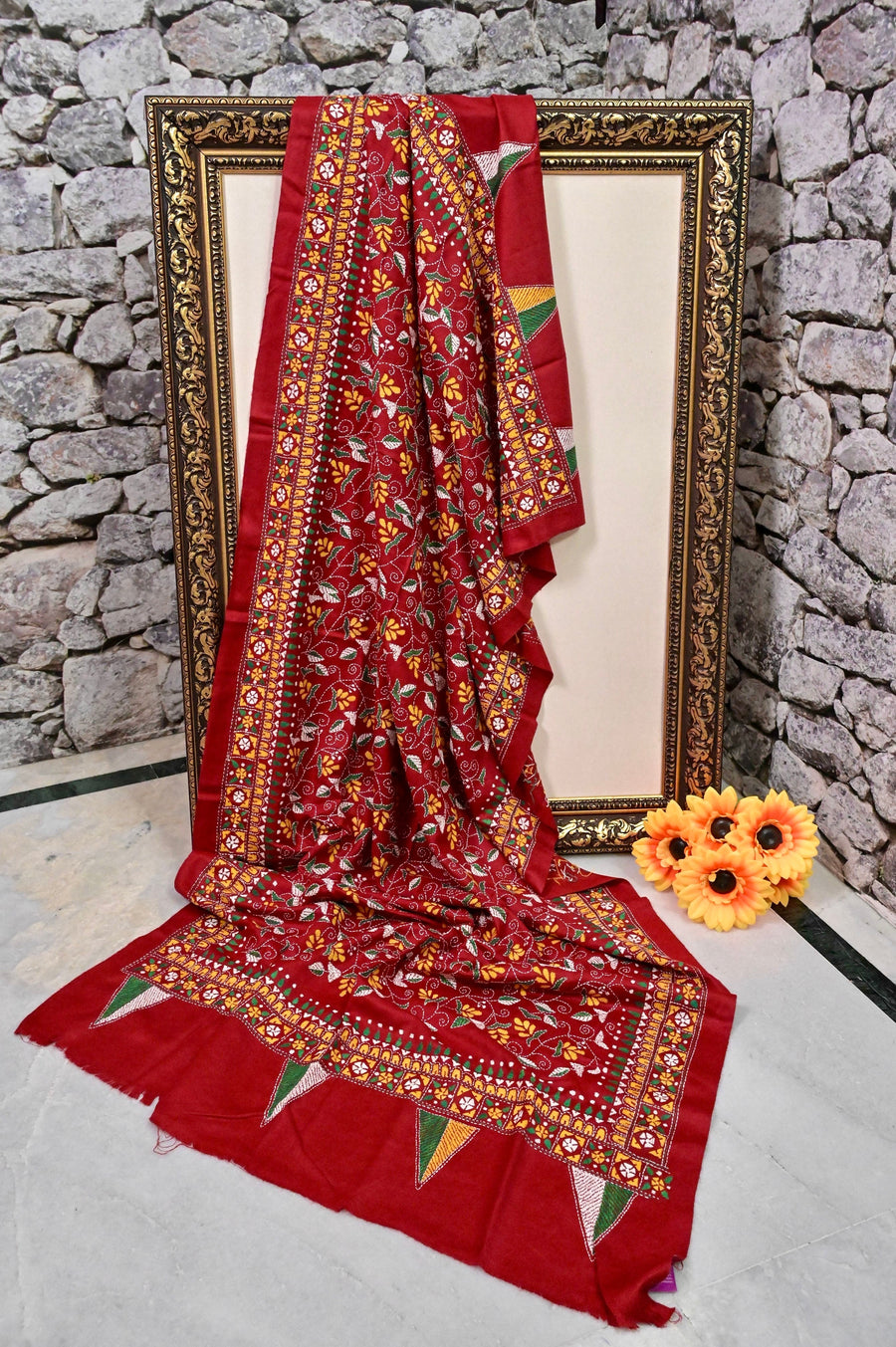 Red Color Cottswool Shawl with Allover Hand Kantha Embroidery