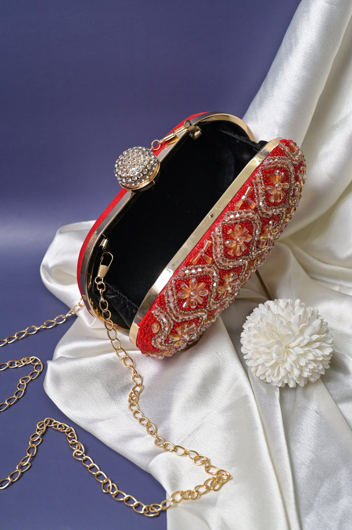 Red Color Designer Clutch Bag with Zari Embroidery