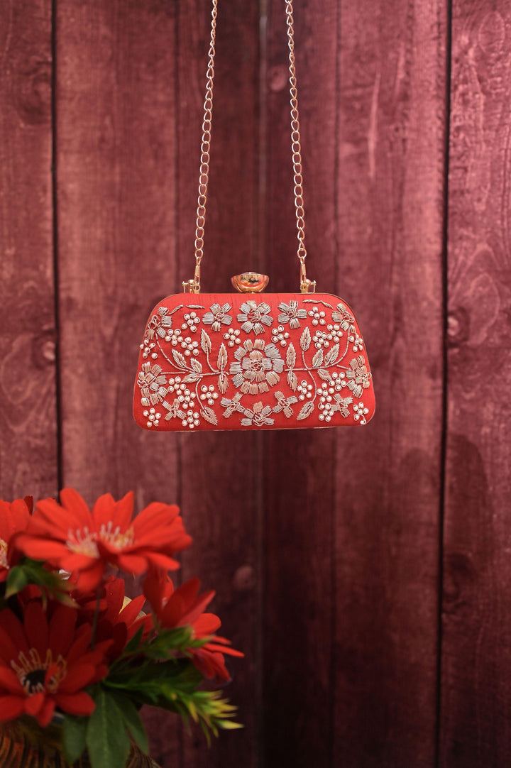 Red Color Designer Clutch with Zari Embroidery and Metal Handle