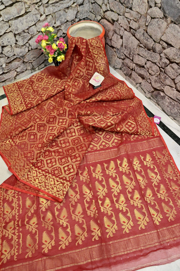 Red Color Jamdani Saree with Allover Weaving and Durga Blouse Piece
