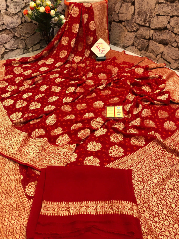 Red Color Khaddi Georgette Banarasi Saree with Hand Bandhani Work