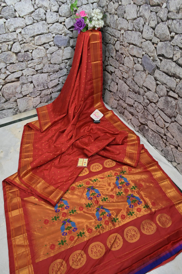 Red Color Maharani Paithani Saree with Golden Buti Work