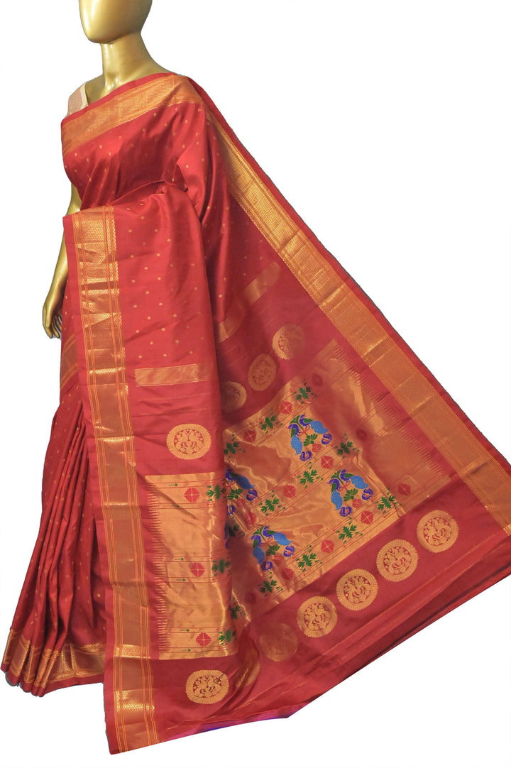 Red Color Maharani Paithani Saree with Golden Buti Work