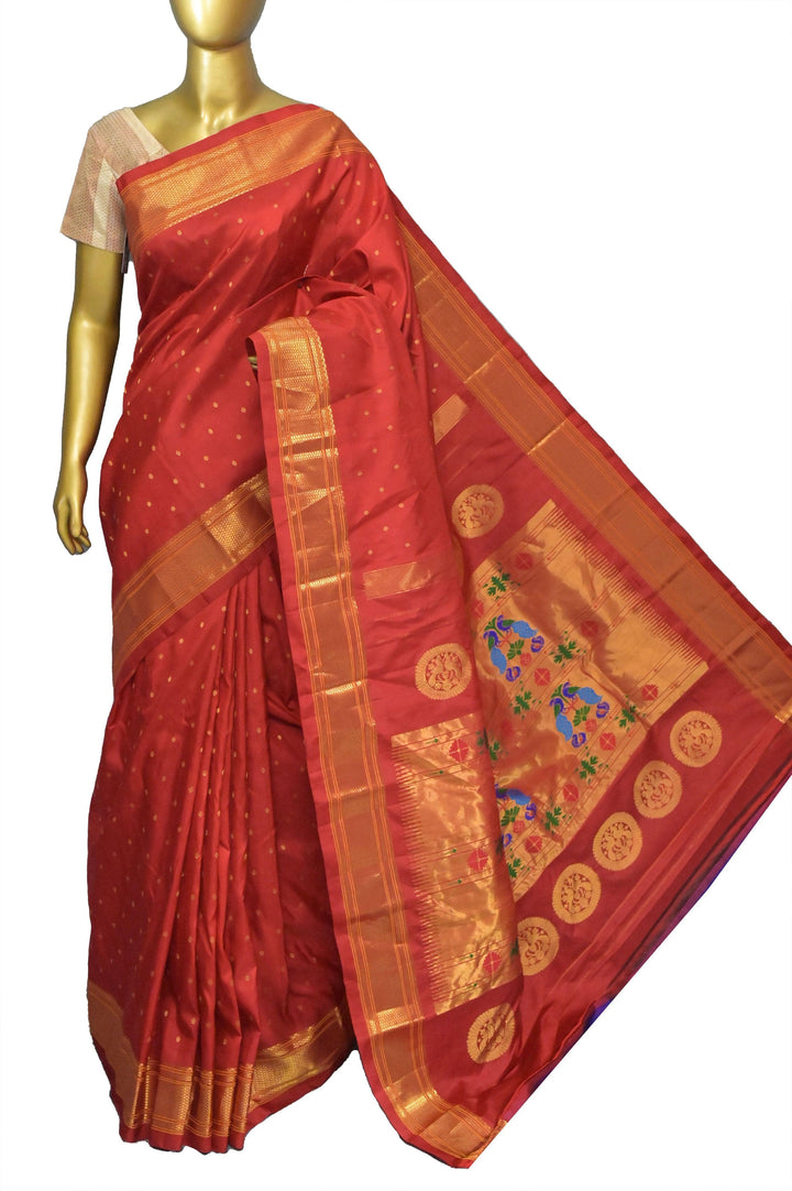 Red Color Maharani Paithani Saree with Golden Buti Work